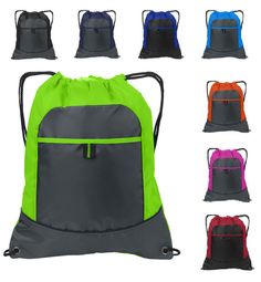 various colors of drawsack bags with zippers on the front and back sides, all in