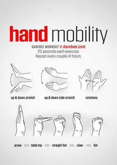 the instructions for hand mobility are shown in red, white and black text on a gray background