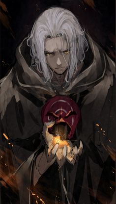 an anime character with white hair holding a red object in front of fire and flames