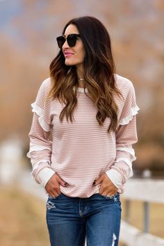 Brigitte Brianna Striped Ruffle Sleeve Sweatshirt – SexyModest Boutique Modest Tops For Women, Boutique Aesthetic, Modest Clothes, Modest Tops, Modest Clothing, Valentine's Day Outfit, Medium Dress, Small Dress, Country Outfits