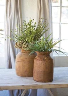 two vases with plants in them sitting on a table