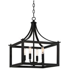 a black chandelier with three lights hanging from the bottom and one light on top