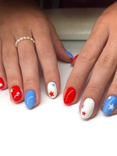 red, white, and blue nails with stars Simply 4th Of July Nails, Cute 4th Of July Nails Almond Shape, Unique 4th Of July Nails, 4rh Of July Nail Designs, Simple Fourth Of July Nails Almond, Red Fourth Of July Nails, Usa Nails 4th Of July, Simple July 4th Nails, America Nails 4th Of July