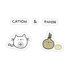 an onion and cat sticker set on a white background, with the words caution and onion