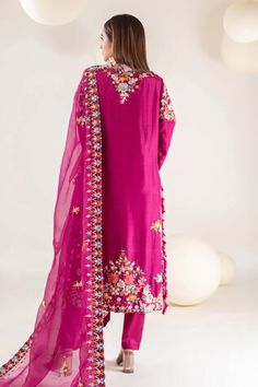 Rani kurta with floral embroidery using zardozi and suta work. Paired with a pant and dupatta with embroidered border. - Aza Fashions Chanderi Salwar Kameez With Floral Embroidery For Reception, Floral Embroidered Salwar Kameez For Eid Reception, Silk Salwar Kameez With Floral Embroidery For Reception, Reception Salwar Kameez With Floral Embroidery In Raw Silk, Festive Unstitched Suit With Floral Embroidery For Reception, Diwali Reception Unstitched Suit With Dori Work, Unstitched Suit With Dori Work For Eid Reception, Anarkali Unstitched Suit For Reception With Floral Embroidery, Jayanti Reddy