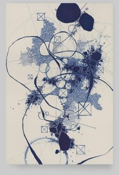 an abstract painting with blue and white shapes on it's side, including circles