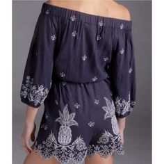 Nwt Anthropologie Farm Rio Linen Pineapple Romper Xs Navy Embroidered Summer Sexy But Delicate Romper * Off The Shoulder * Floral & Pineapple Embroidery * Linen And Viscose * Pocket * Elastic Neckline, Sleeves And Waist Size Xs Pit2pit 17.5" Waist Laying Flat Unstretched 13" Inseam 3' New With Tags Marine Blue, Pineapple, Linen, Summer, Cocktail Party, Hawaiian, Summer Girl, Girly, Vacation, Honeymoon, Quiet Luxury, Farm Rio, Beachy, Tropical, Coconut Girl, Festival 624-717 Girly Vacation, Luxury Farm, Pineapple Embroidery, Summer Cocktail Party, Hawaiian Summer, Belted Romper, Linen Summer, Seersucker Pants, Summer Cocktail