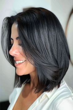 Long Layered Bob Hairstyle for Women Over 40 with Thick Hair. Layered Long Thick Hair, Bob Hair With Layers, Thick Hair Haircut Medium, Thick Hair Haircut Short, Bob Thick Hair, Hairstyle For Women Over 40, Dark Hair Bobs, Layered Bob Cut, Short Hair Volume