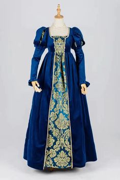 Regency Era Queen Dress - Renaissance Sapphire Velvet Jacquard Ball Gown Costume - Plus Size – WonderlandByLilian Cacoon Coat, Ball Gown Costume, Gown Costume, Regency Era Fashion, Hollywood Costume, Century Dress, Gown Plus Size, Queen Dress, Regency Era