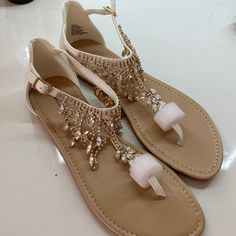 White, Gold And Silver Sparkle Sandals! Brand New! Embellished White Synthetic Sandals, White Embellished Flat Sandals, White Flat Embellished Sandals, White Rhinestone Sandals For Vacation, Sparkle Sandals, Just Fab Shoes, Justfab Shoes, Silver Sparkle, Gold And Silver