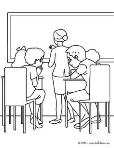 a black and white line drawing of people sitting at a table in front of a chalkboard