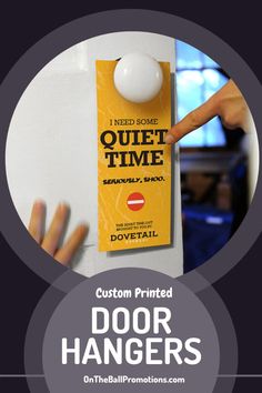 a door hanger with the words, custom printed door hangers on it's side