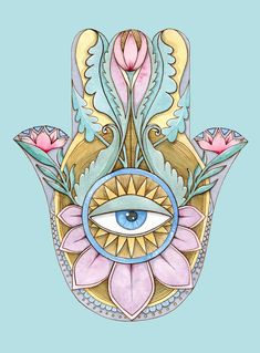 a drawing of a hamsa with an eye in the center and flowers around it