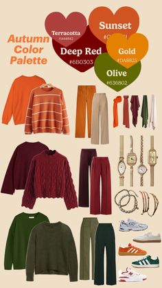 #terracotta #deepred #sunset #orange #gold #yellow #olive #green #autumn #fall #hijab #autumnoutfits #falloutfits Color Palette Outfit, Deep Autumn Palette, Autumn Color Palette, Deep Autumn