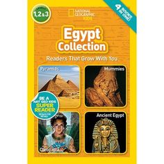 an egyptian book cover with pictures of ancient egypt and the pyramids, including two people