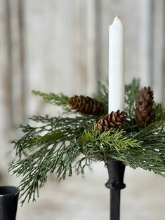 a white candle sitting on top of a table next to pine cones and evergreen branches