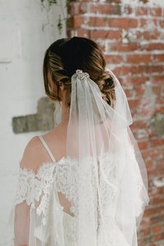 the back of a bride's dress with a veil on her head