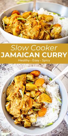 slow cooker jamaican curry in a bowl with rice and carrots