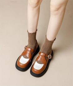 Women Color Block Leather Shoes Chunky Heel Loafers Platform Loafers With Round Toe, Brown Platform Oxfords With Flat Heel, Brown Platform Loafers With Rubber Sole, Brown Flat Platform Loafers With Rubber Sole, Brown Casual Closed Toe Platform Loafers, Retro Brown Round Toe Loafers, Casual Brown Closed Toe Platform Loafers, Retro Brown Loafers With Round Toe, Spring Casual Ankle-high Mary Janes