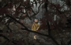 a cartoon character is walking through the woods