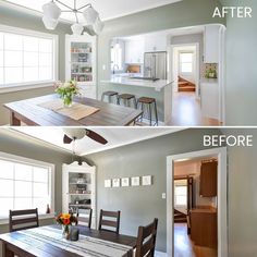 before and after pictures of a dining room table in a kitchen with white walls, wood flooring and open shelving