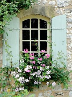 window with shutters and flowers in front of it