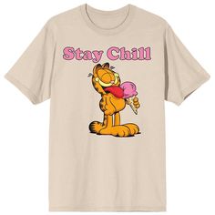 Enjoy the summer vibes of this Juniors' Garfield Ice Cream "Stay Chill" Graphic Tee. Enjoy the summer vibes of this Juniors' Garfield Ice Cream "Stay Chill" Graphic Tee. FEATURES Crewneck Short sleevesFABRIC & CARE Cotton Machine wash and tumble dry low Imported Size: Small. Color: Off White. Gender: female. Age Group: kids. Garfield T Shirt, Comic Strip Characters, Garfield Shirt, Pink Letters, Pink Letter, Sleeve Packaging, Natural Women, Old Cartoons, Boyfriend Tee