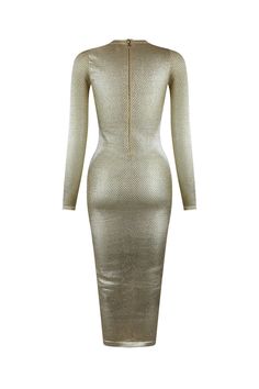 a gold dress with long sleeves and zippers on the back, in front of a white background