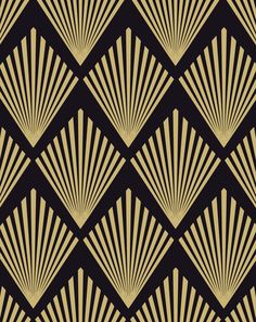 an art deco style wallpaper with fan shaped shapes in gold and black colors on a black background