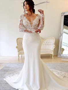 Lace Applique Trumpet/Mermaid V-neck Stretch Crepe Court Train Wedding Dress Boho Mermaid Wedding Dress, Mermaid Wedding Dress Long Sleeve, Florida Wedding Dress, Beach Wedding Dresses Backless, Gorgeous Images, Elegant Bridal Dress, Train Wedding Dresses, Court Train Wedding Dress, Cheap Gowns