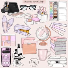 the digital planner is filled with pink and white items, such as books, glasses, pens