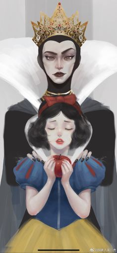 snow white and evil queen with wings on their heads