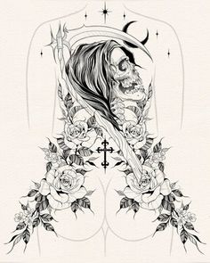 a tattoo design with roses and a cross