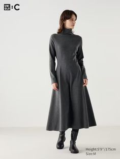 Smooth Souffle Flare Dress | Turtleneck | UNIQLO US Demure Outfit, Langer Rock, Flared Dress, Interview Outfit, Turtle Neck Dress, Styling Ideas, Comfortable Outfits, Gray Dress, Long Length