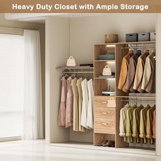 an open closet with clothes hanging on it