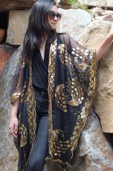 Black Gold Sequin Peacock Duster Caftan Kimono Top One Size Sequin Duster, Scalloped Sleeves, Kaftan Tops, Sequin Kimono, Tunic Dresses, Sequin Embroidery, Rocker Style, Festival Tops, Boho Tunics