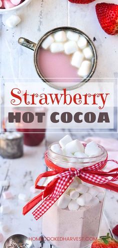 strawberry hot cocoa in a jar with marshmallows and strawberries