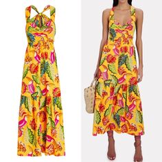 The Details Are Exquisite And The Print Will Guarantee You Compliments Never Worn, Tag Still Attached Comes With Original Bow Material (Removable) Originally $300 Vibrant Yellow Vacation Dress, Yellow Tropical Style Beach Dress, Vibrant Yellow Beach Dress, Yellow Maxi Dress With Vibrant Print, Yellow Beach Dress With Vibrant Print, Yellow Casual Maxi Dress With Tropical Print, Casual Yellow Maxi Dress With Tropical Print, Yellow Vibrant Print Beach Dress, Vibrant Printed Yellow Dress