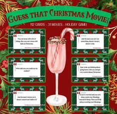 the guess that christmas movie quiz is shown in front of a red background with green and gold decorations