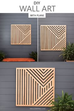 three different views of the wall art with planters