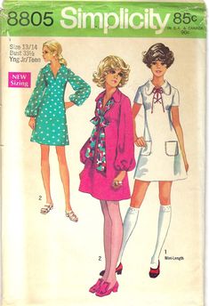 70s Misses' One-Piece Dress sewing pattern. Size 13-14 Bust 33.5 Waist 26.5 Hip 36 The pattern is cut and complete. The envelope shows age; tears around the edges and flap. All patterns are mailed in quality archival storage sleeves. Aline Dress Pattern, 70s Mode, Vintage Clothes Patterns, Empire Waist Dress Pattern, 1970s Women, Mode Retro, Mod Mini Dress, 60s And 70s Fashion, Vintage Dress Patterns