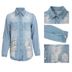 Light Blue Wash Distressed Denim Jacket Light Wash Ripped Button-up Denim Jacket, Ripped Light Wash Button-up Denim Jacket, Ripped Light Wash Button-up Outerwear, Ripped Denim Blue Button-up Denim Jacket, Ripped Denim Blue Button-up Jacket, Ripped Light Wash Denim Outerwear, Light Wash Distressed Denim Jacket, Ripped Blue Denim Outerwear, Ripped Long Sleeve Denim Jacket