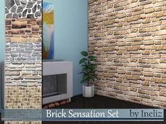 a brick wall is shown in three different colors and sizes, along with a potted plant