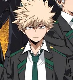 an anime character with blonde hair wearing a green tie and black suit, standing in front of other characters