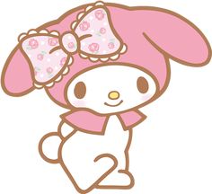 a cartoon bunny with a pink bow on her head and scarf around its neck, sitting in front of a white background