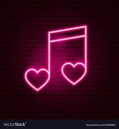 music note with hearts neon sign on brick wall background