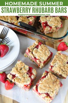 homemade summer strawberry rhubarb bars on a table with strawberries and forks