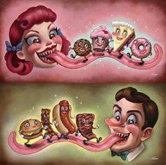 two paintings depicting people eating donuts and other things in the same painting, one is smiling