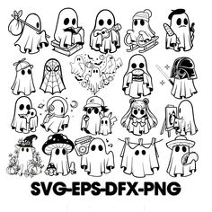 the spooky halloween characters are drawn in black and white, with text that reads sv