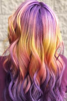 Sunset Hair Color, Ombre Wavy Hair, Hair Color Pictures, Light Purple Hair, Rainbow Hair Color, Multicolored Hair, Long Hair Color